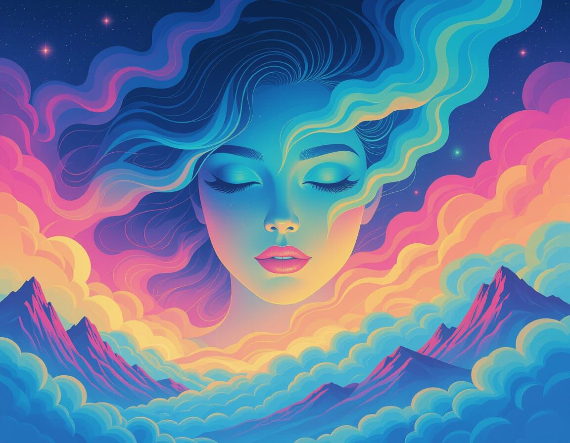 Ethereal Woman in Neon Vaporwave Airbrush Dreamscape