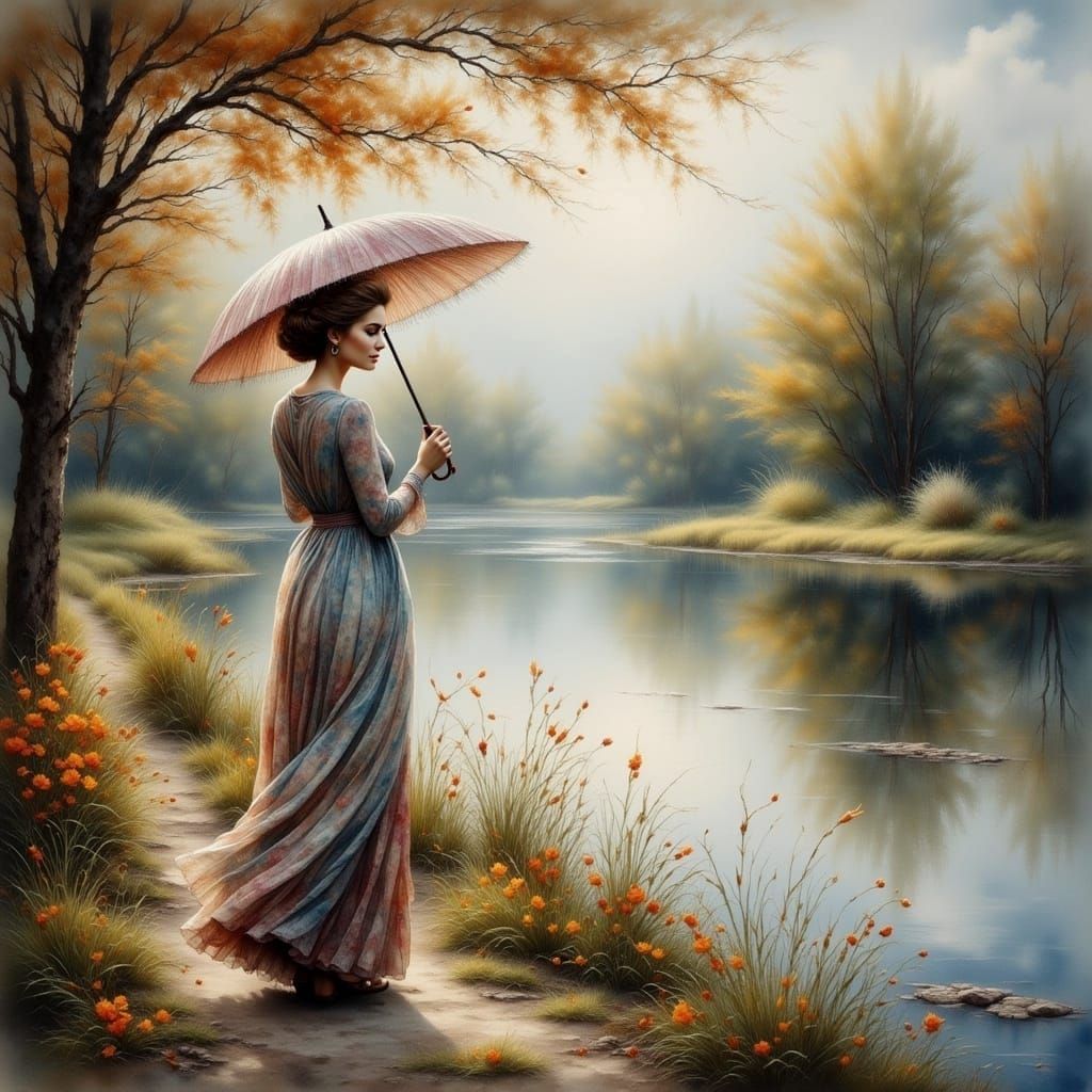 Lady with Parasol in Antique Watercolor Style