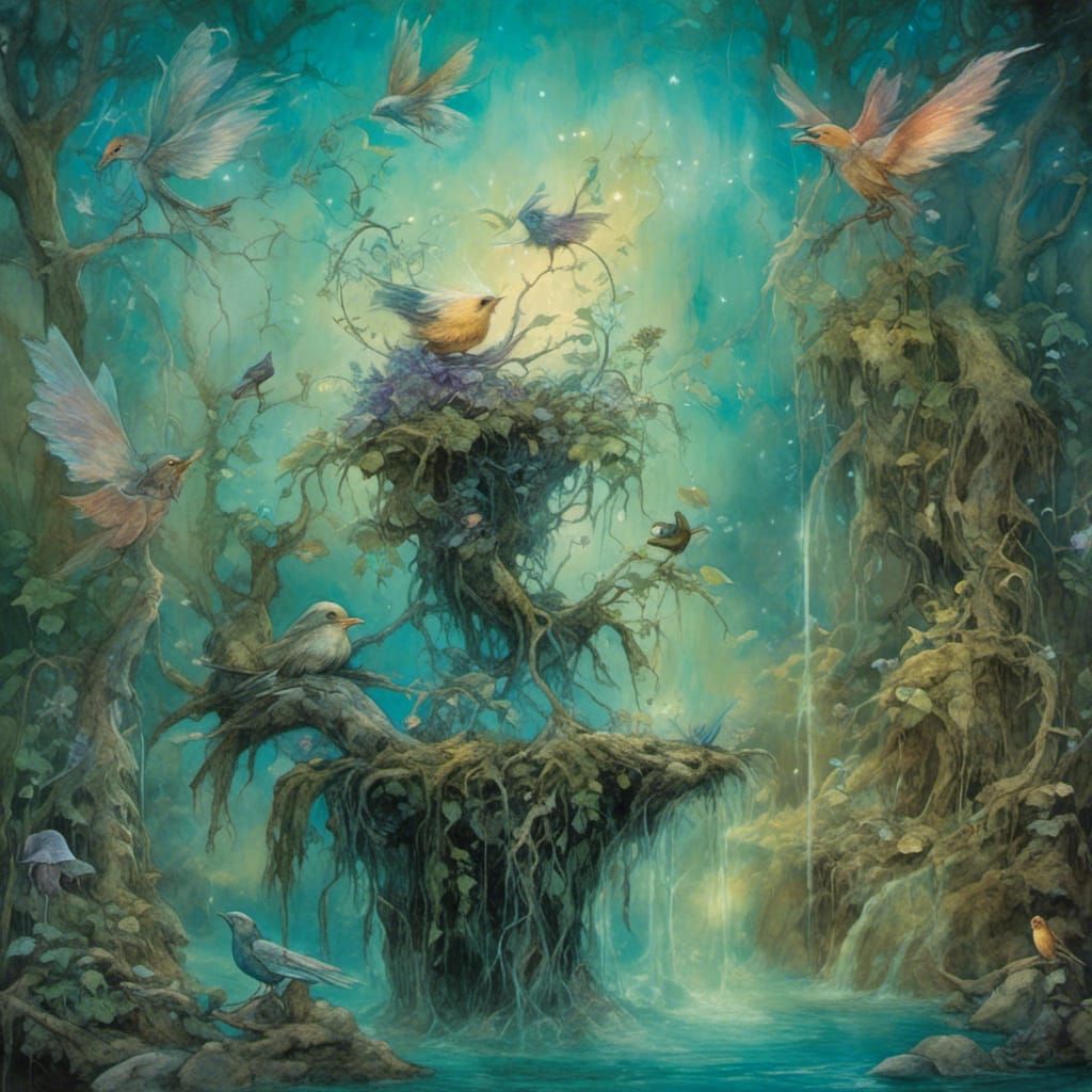 <lora:The Faerist:1.0> a large enchanted fountain with a magical bird colors Cyan peach Violet Apple green