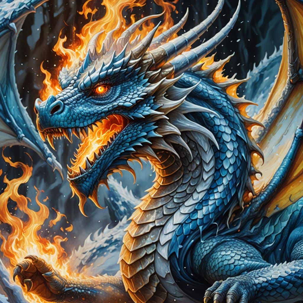 Winter Dragon Blowing Fire: Detailed Oil Painting
