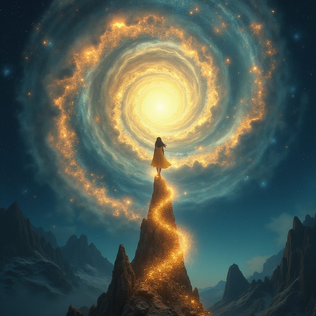 Ethereal Being Watching Time Spiral in Shimmering Light