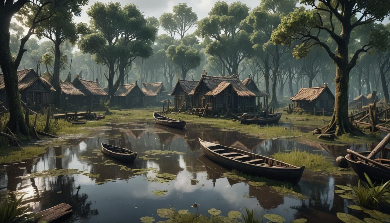 Village in Swamp with Boats and Rain