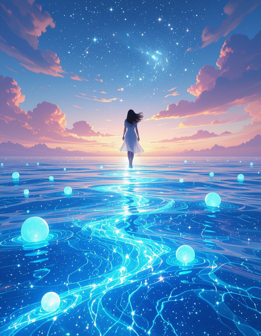 Ethereal Ocean Landscape with Floating Woman