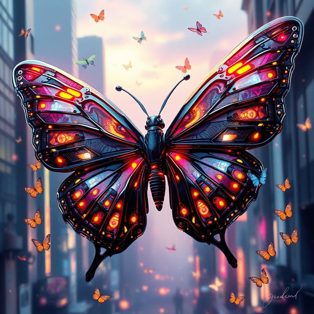 Cybernetic Butterfly with Neon Lights in Dystopian Cityscape