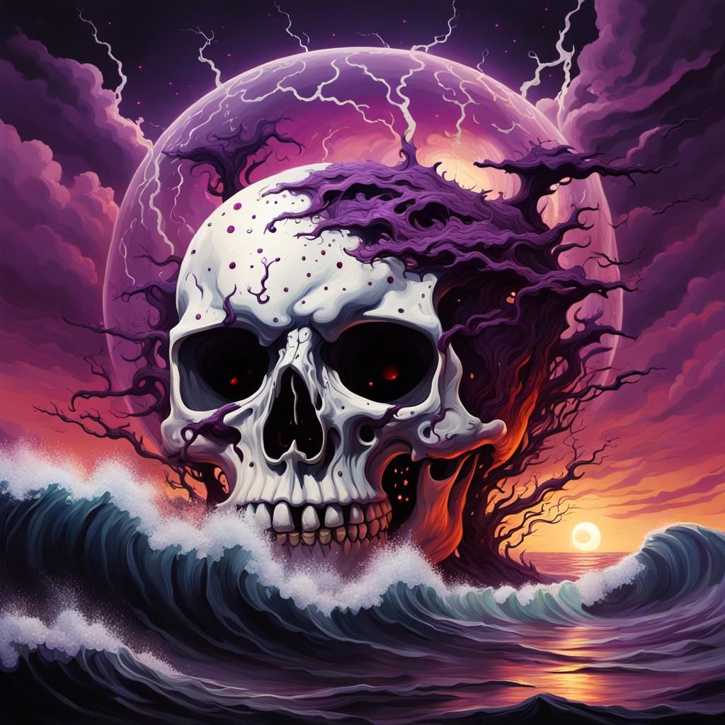 Surreal Skull Rises from Raging Purple Ocean