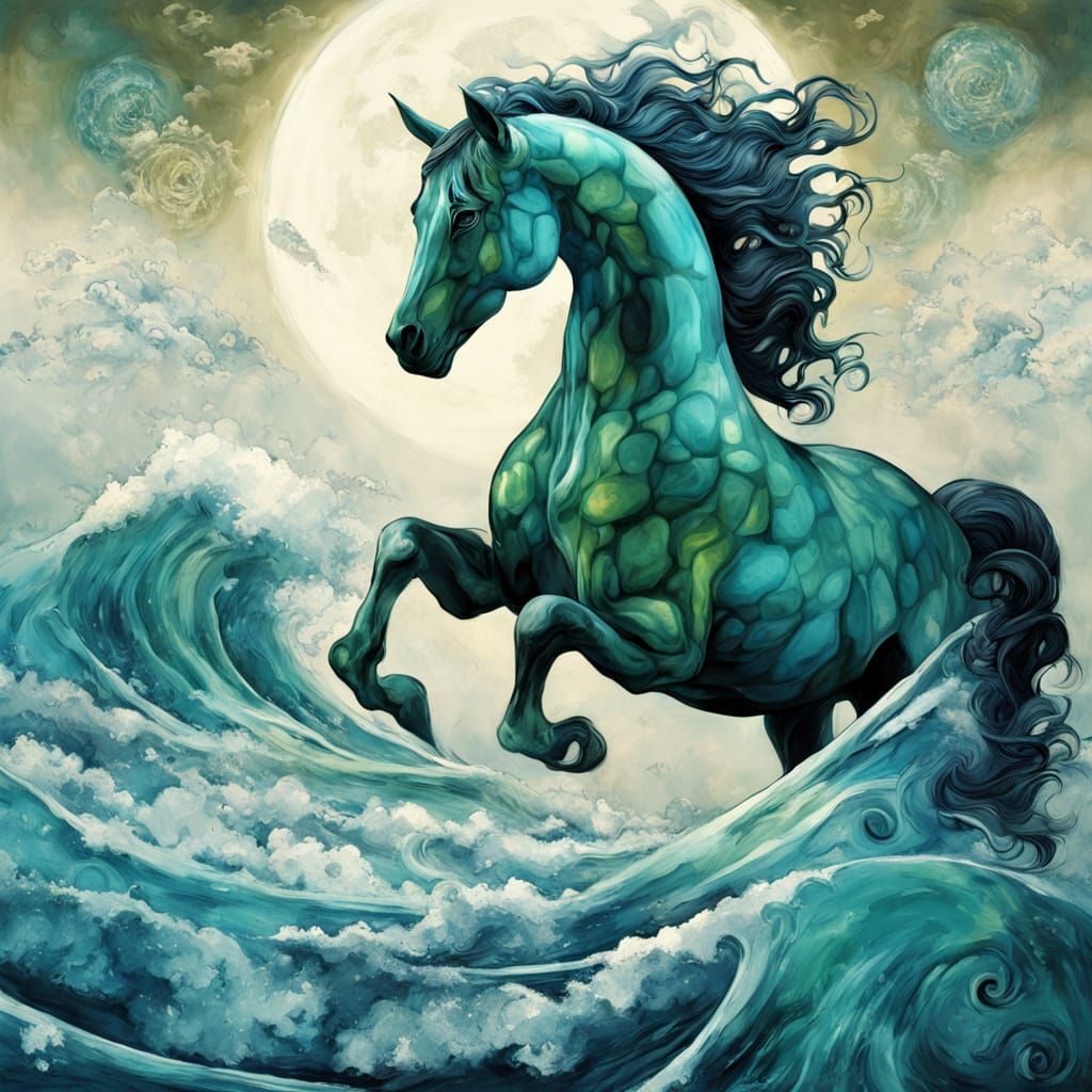 Sea-Glass Stallion: Surreal Bioluminescent Sculpture