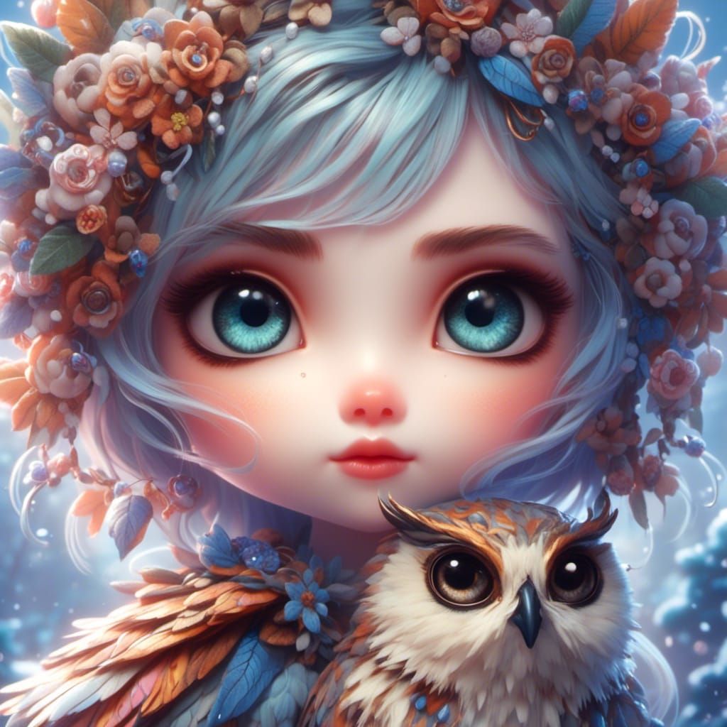 Fantasy Leafy Owl with Chibi Eyes in Hyperrealism