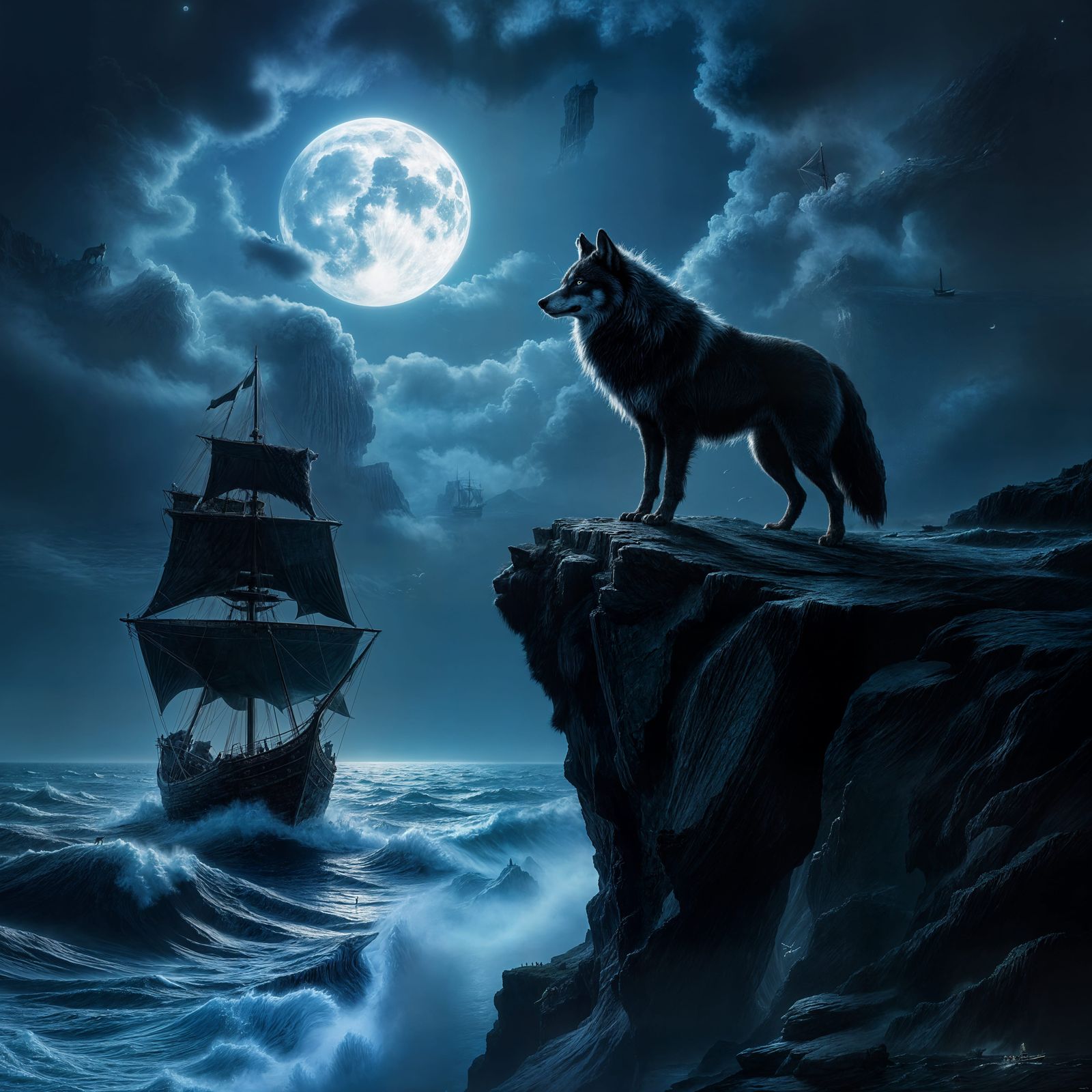 Regal Wolf on Obsidian Cliff Overlooking Stormy Sea