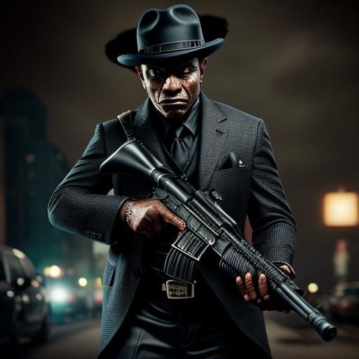 Hyperrealistic Black Werewolf Mobster with Tommy Gun