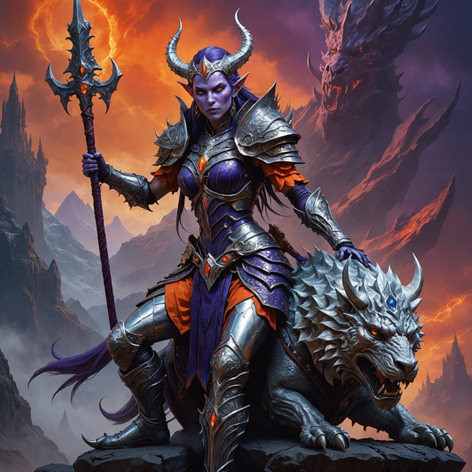 Triumphant Elf Queen on Troll Head in Fantasy Art