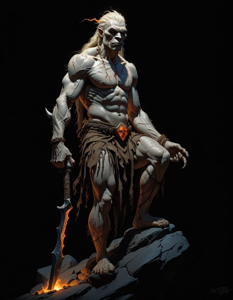 Savage Albino Neanderthal Wields Flaming Axe Amidst Golden H...