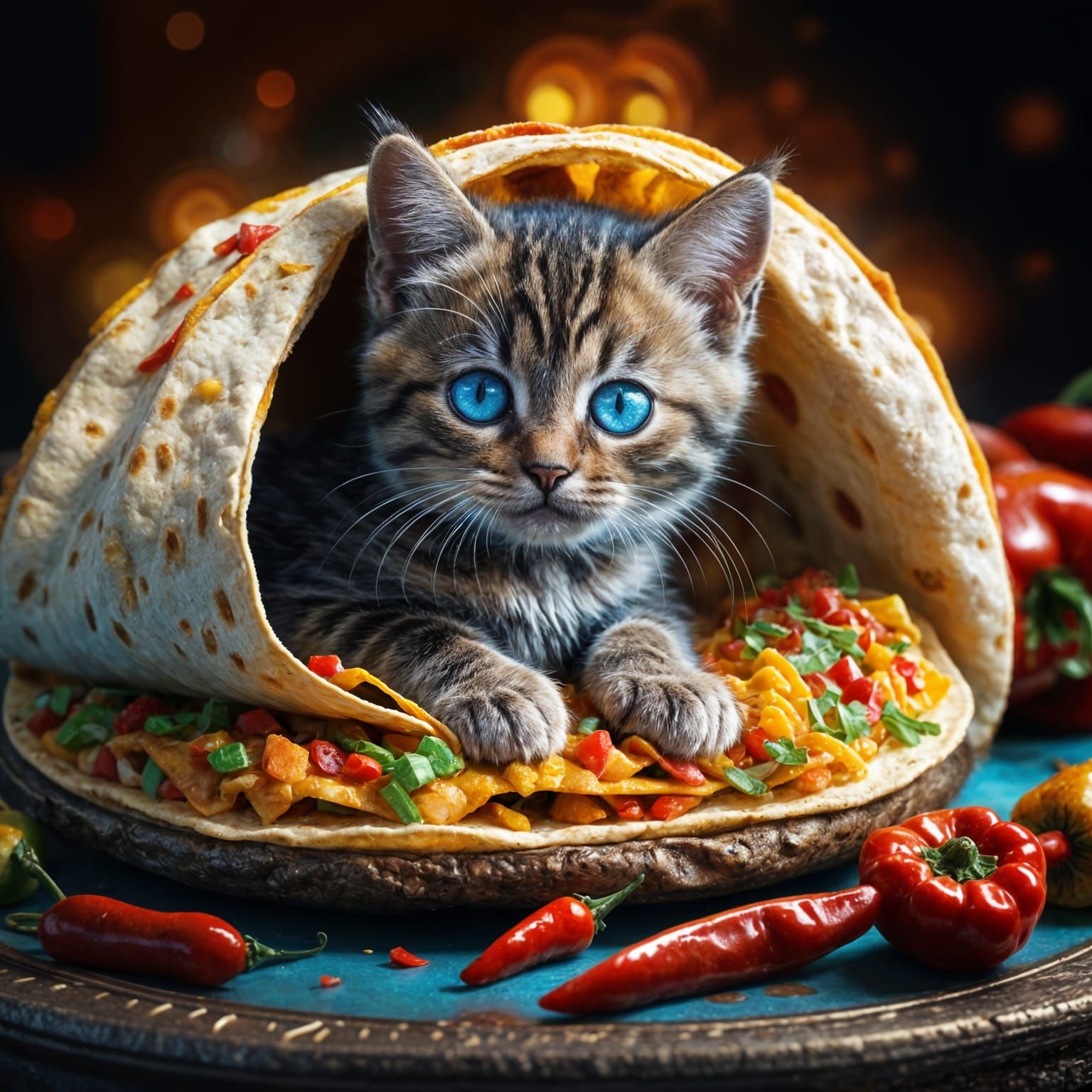 Adorable Tabby Kitten in Taco, Detailed Matte Painting