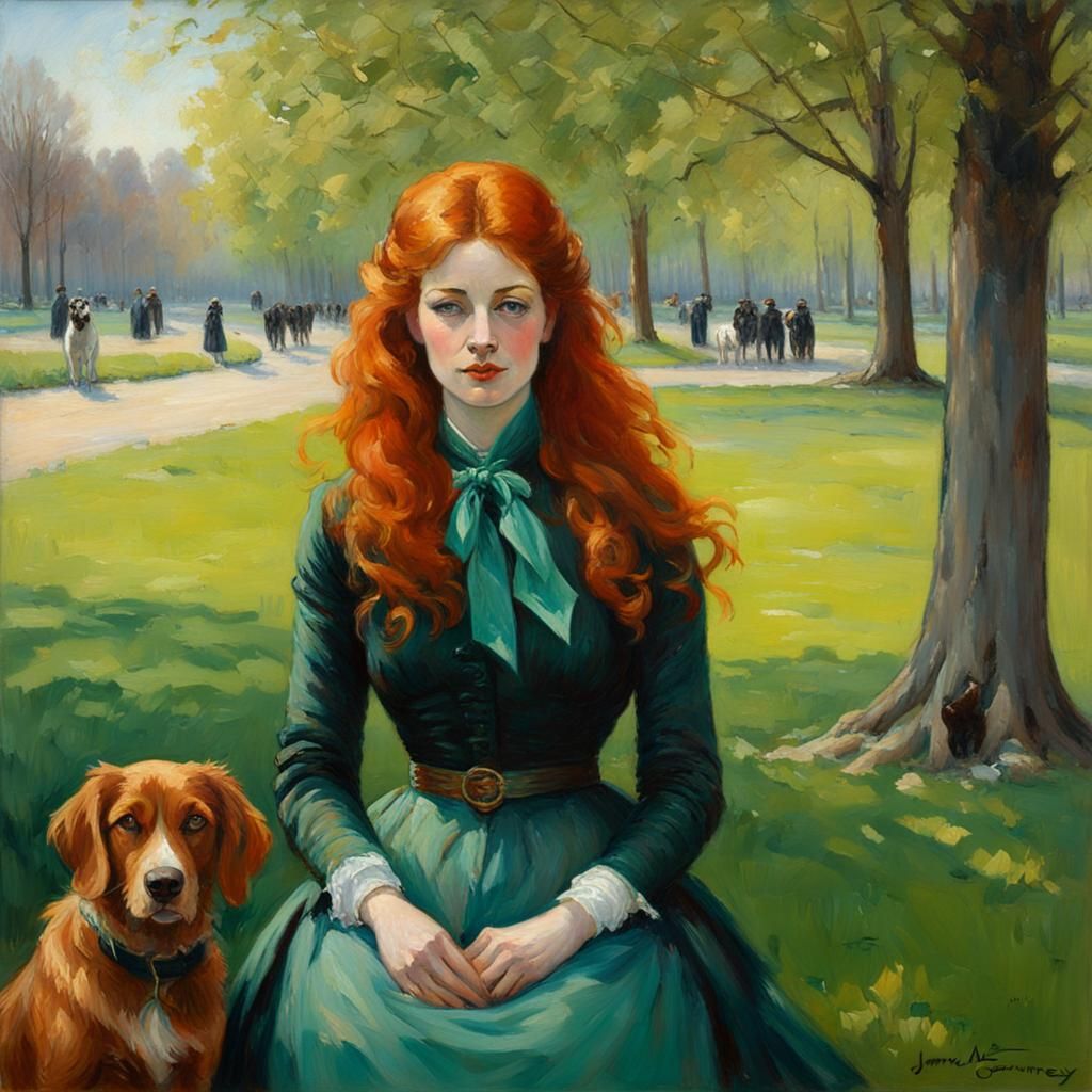 Red-haired Woman with Dog: Oil Painting