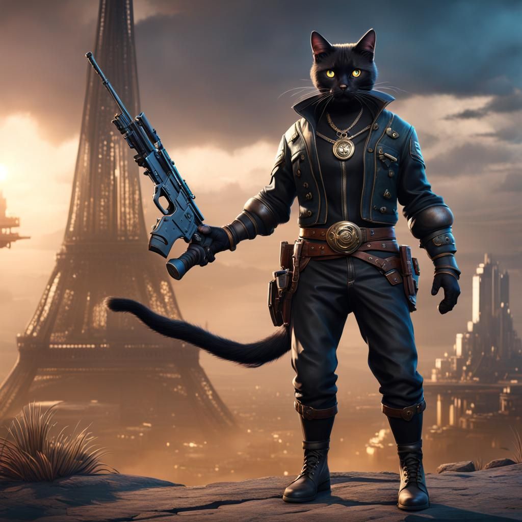 Humanoid Black Cat Gunslinger: Fantasy Concept Art