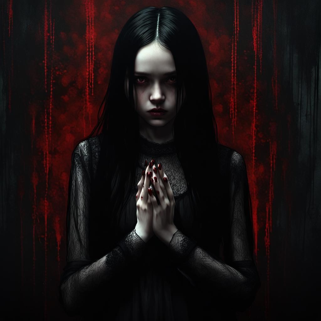 Gothic Girl in Dimly Lit Vaporwave Scene