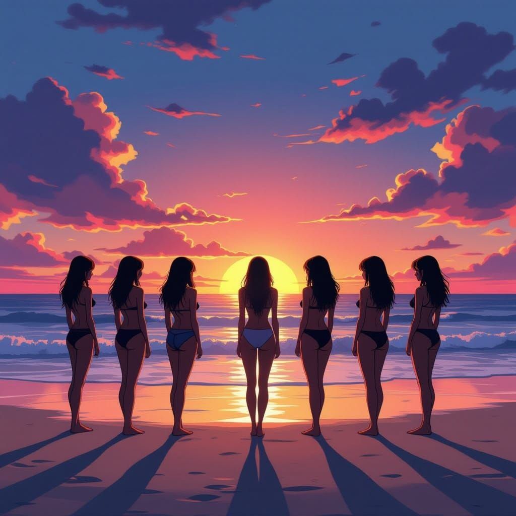 Women on Beach at Sunset in Manga Style
