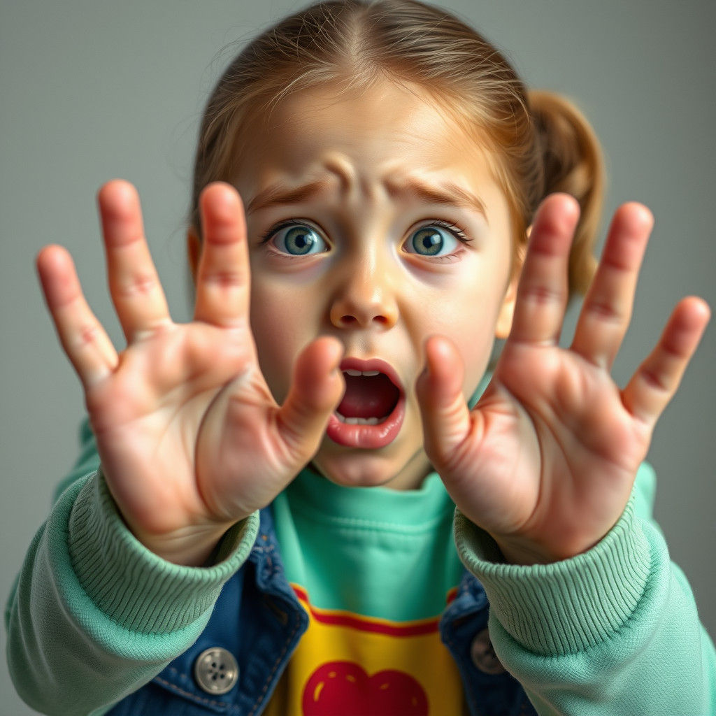 Girl's Frightened Reaction to Hands: Realistic Close-Up