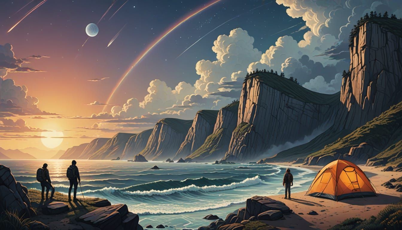 Winter Camping Under Starry Skies in Retro Fantasy Style