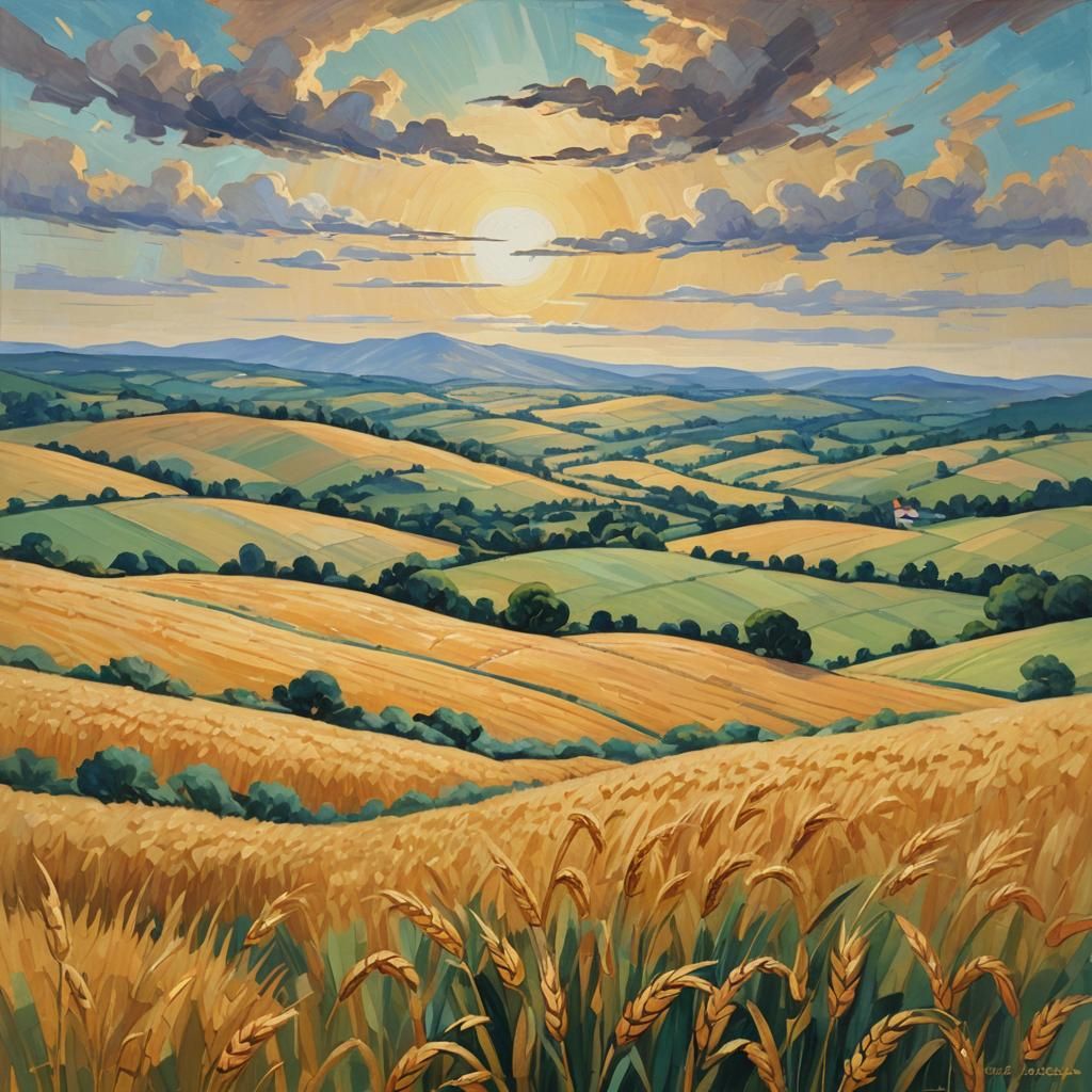 Fauvist Landscape: Golden Wheat Fields in Triadic Colors
