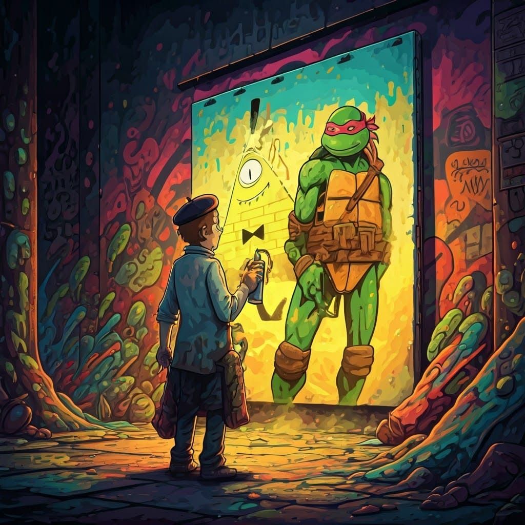 Bill Cipher's Graffiti Art: Rick, Morty, and Donatello