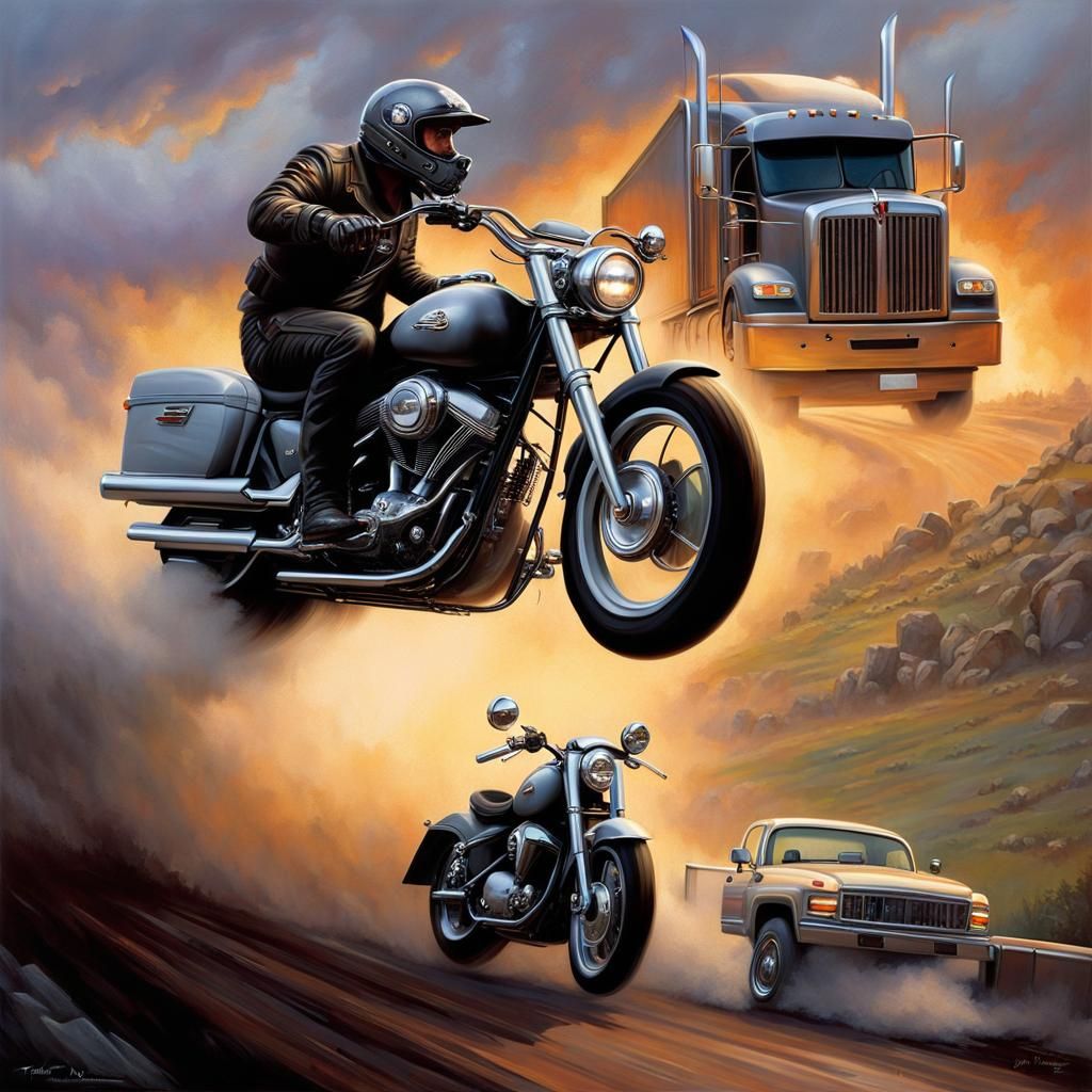 Motorcycle Jumps Truck in Ethereal Fantasy Style