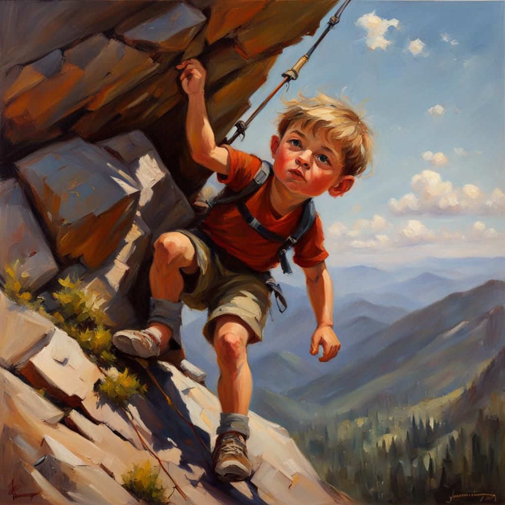 Child Climbing Mountain in Oil Painting Style