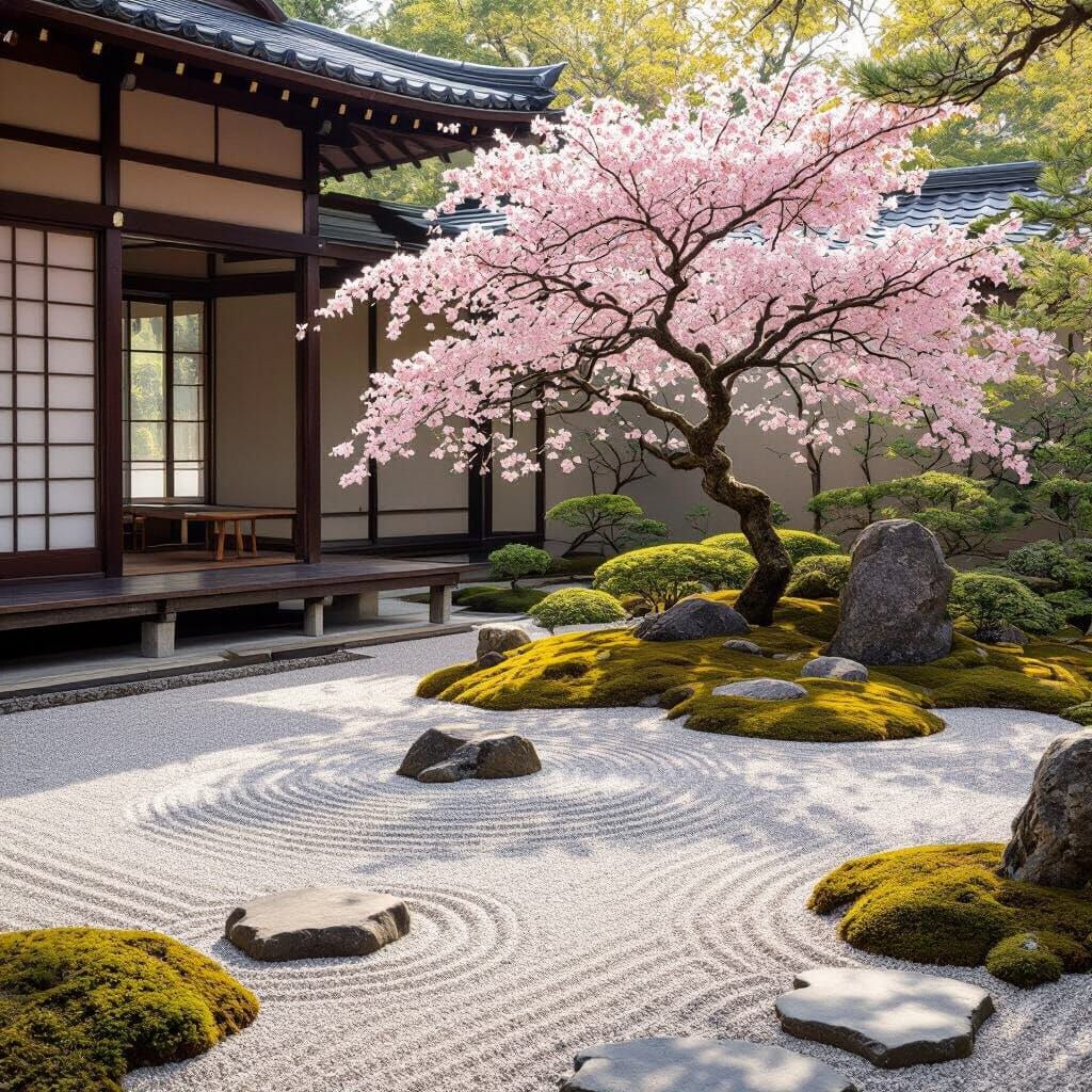 Zen Garden with Cherry Tree in Japanese Style