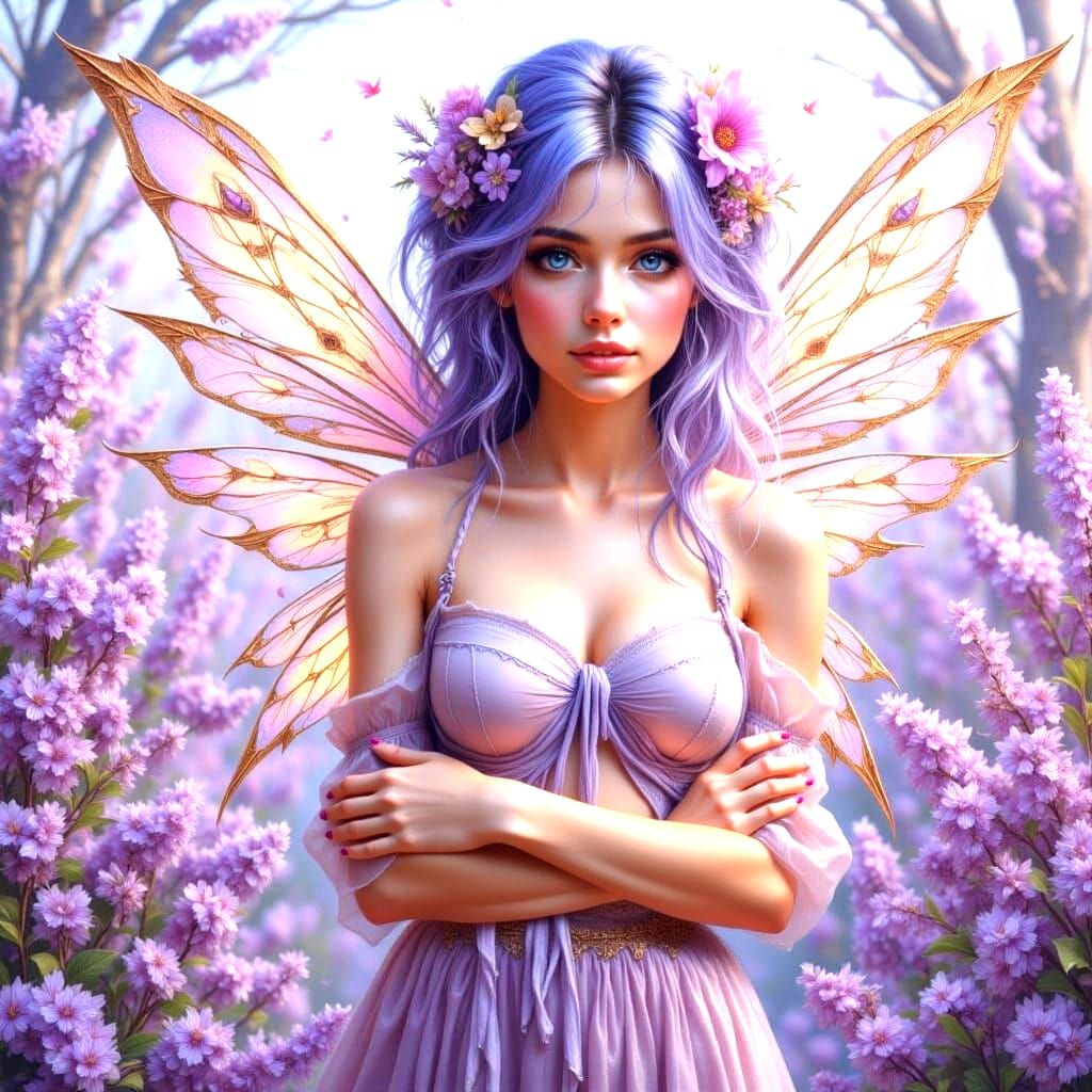 Fairy Woman with Iridescent Wings in Floral Field