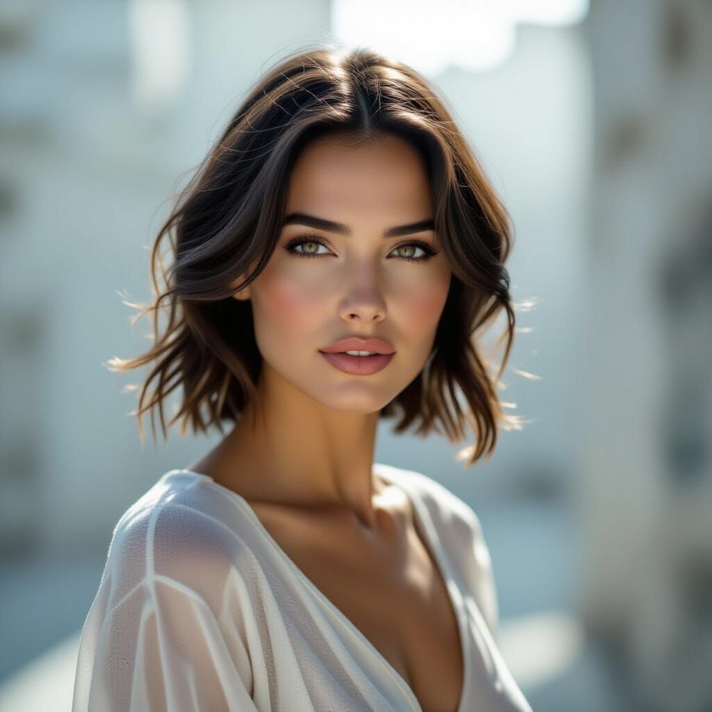 Brunette with Silver Hair in Cinematic Scene