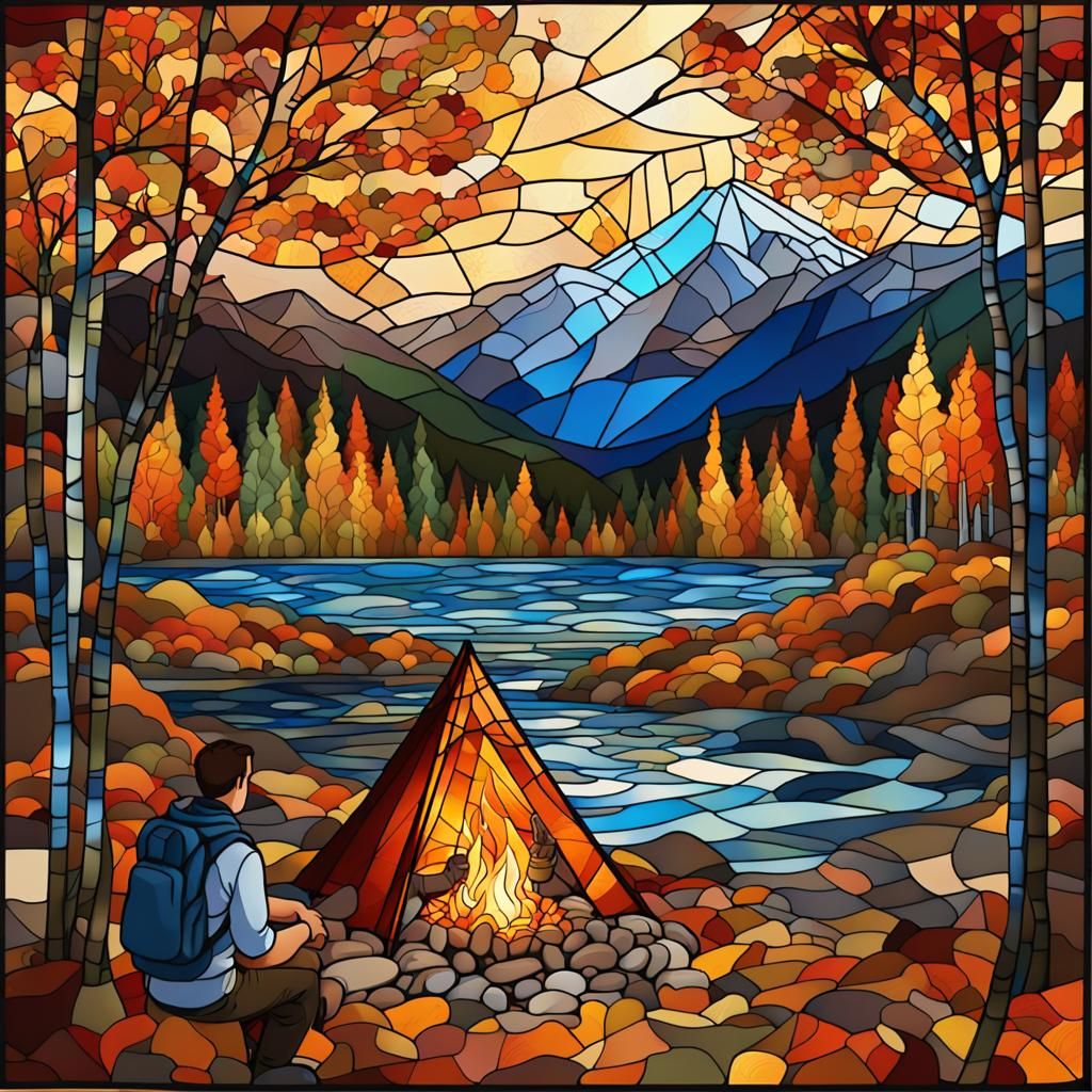 Stained Glass Hiker Campfire in Autumn Landscape