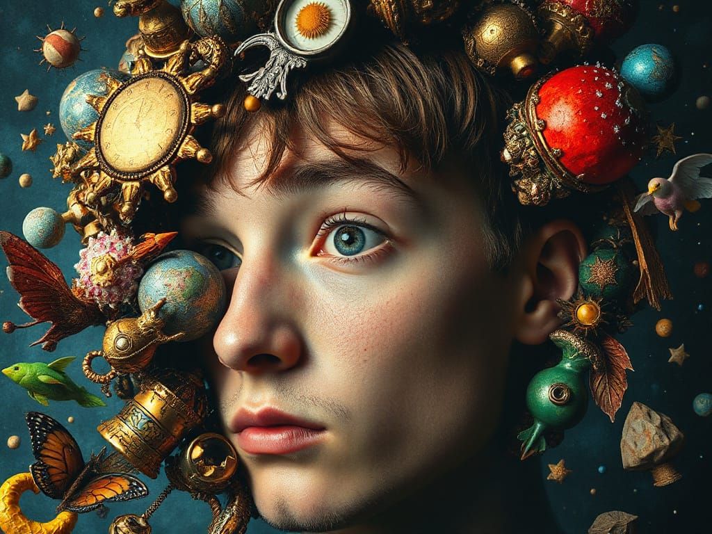 Surreal Portrait of Man Escaping Mind in Art Brut Style