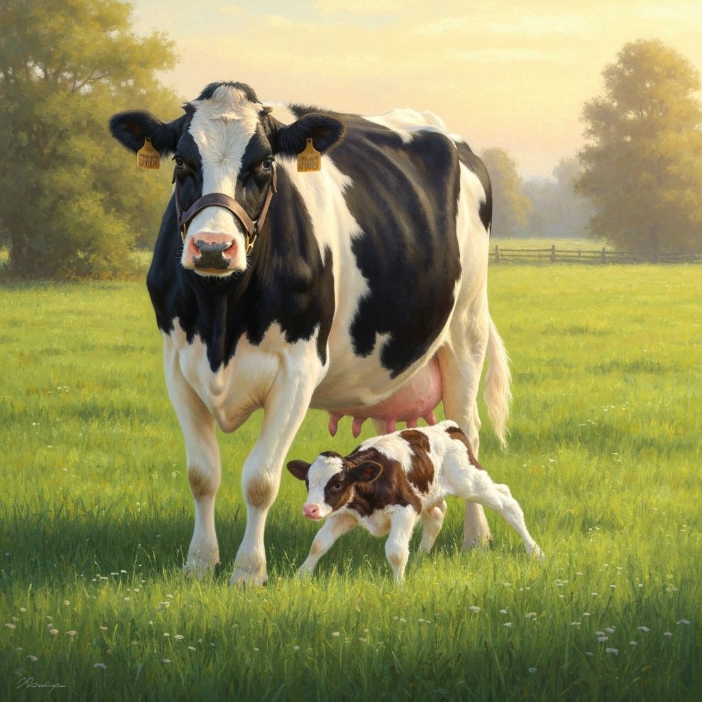Cow Birth in Meadow: Pastoral Art Style