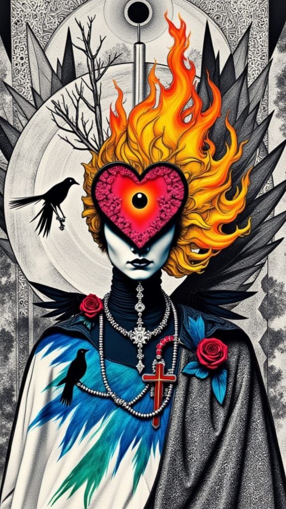 Gothic Lady with Flaming Heart in Dada Collage