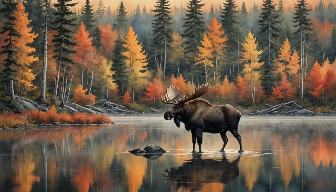 Bull Moose in Autumn Forest: Watercolor Painting