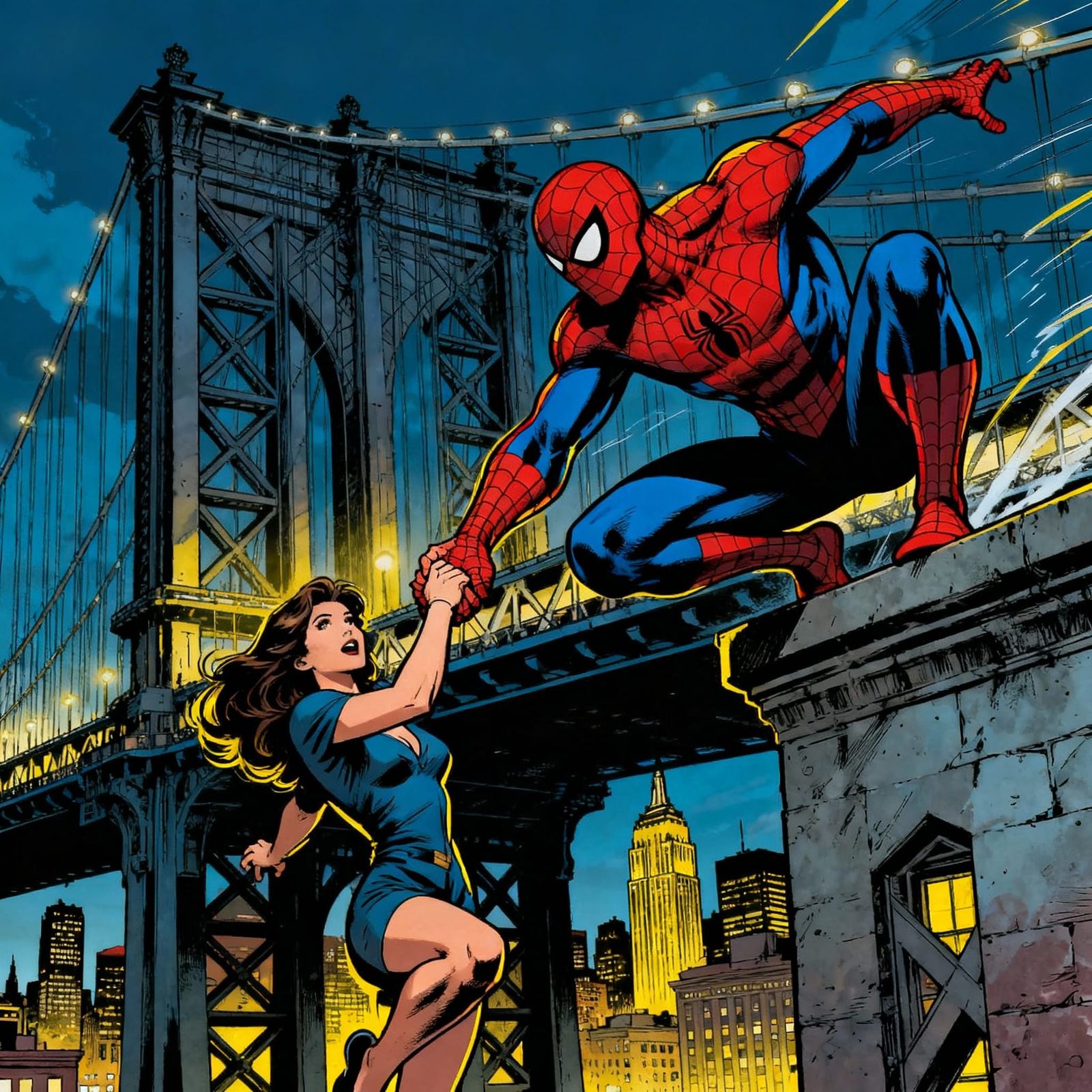 Spider-Man Reaches for Mary Jane on Manhattan Bridge