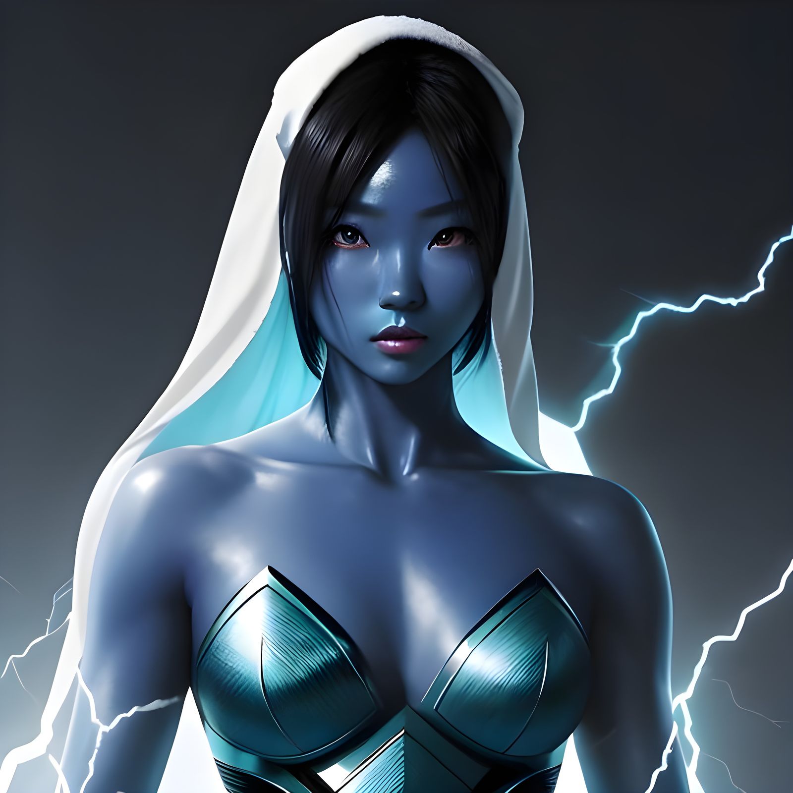 Ethereal Blue-Skinned Superheroine Bathed in Lightning