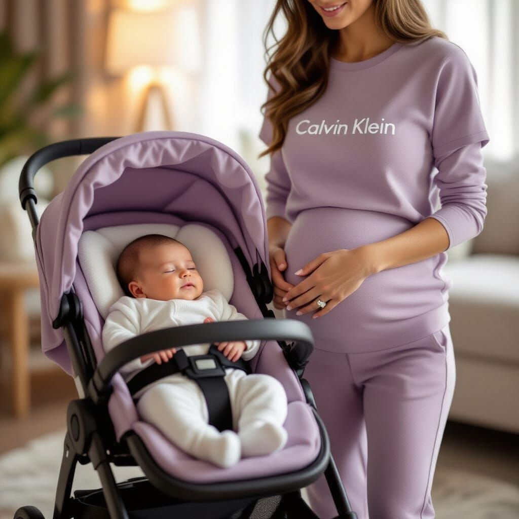 Newborn in Stroller with Mother, Photorealistic Style
