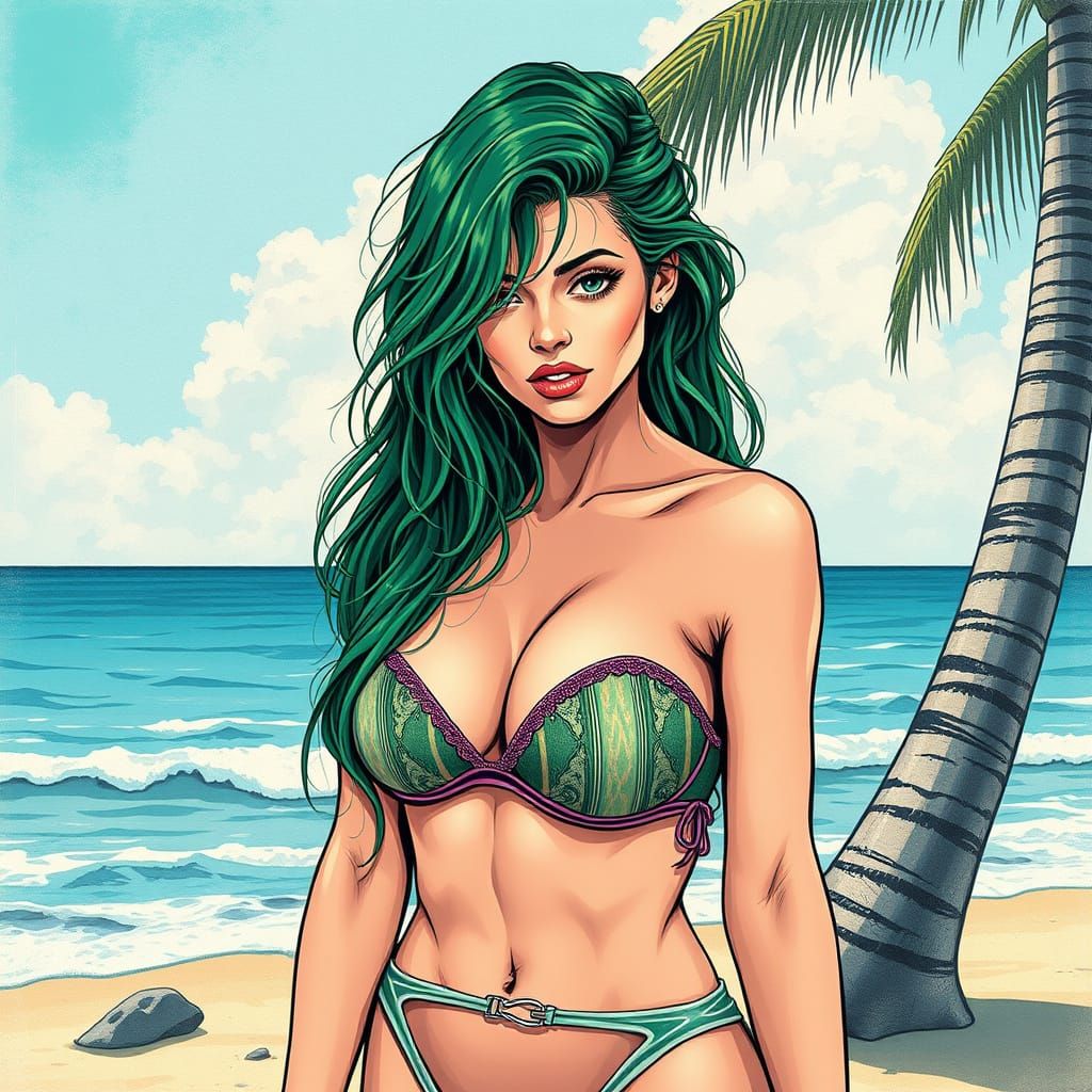 1980s Comic Style Pin-Up Girl on Beach