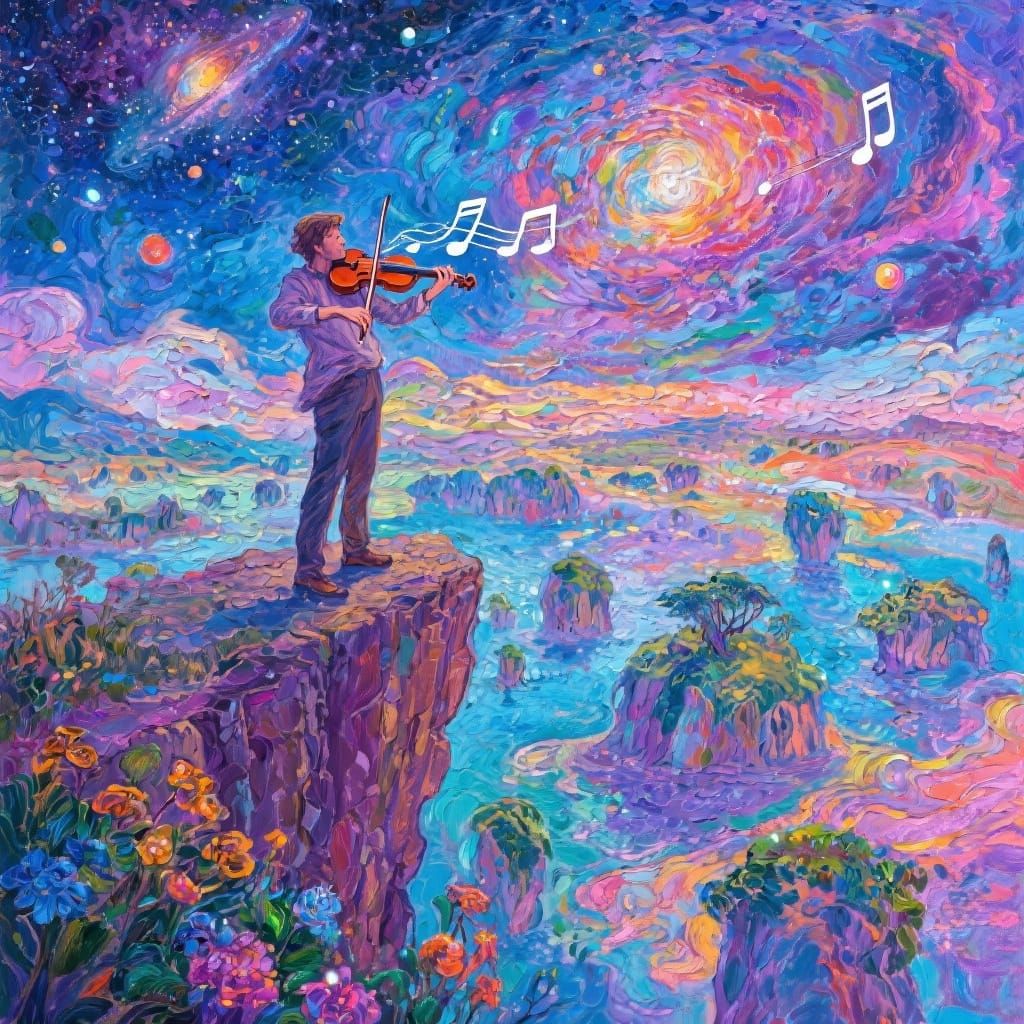 Violinist on Cliff Under Nebula Sky