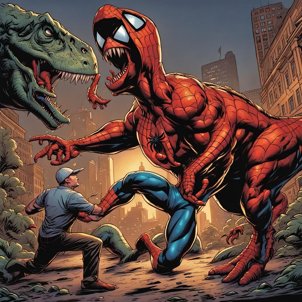 Spiderman Dinosaur Battle: Comic Book Art