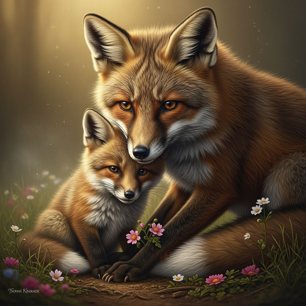 Melancholy Fox and Cub in Warm Light