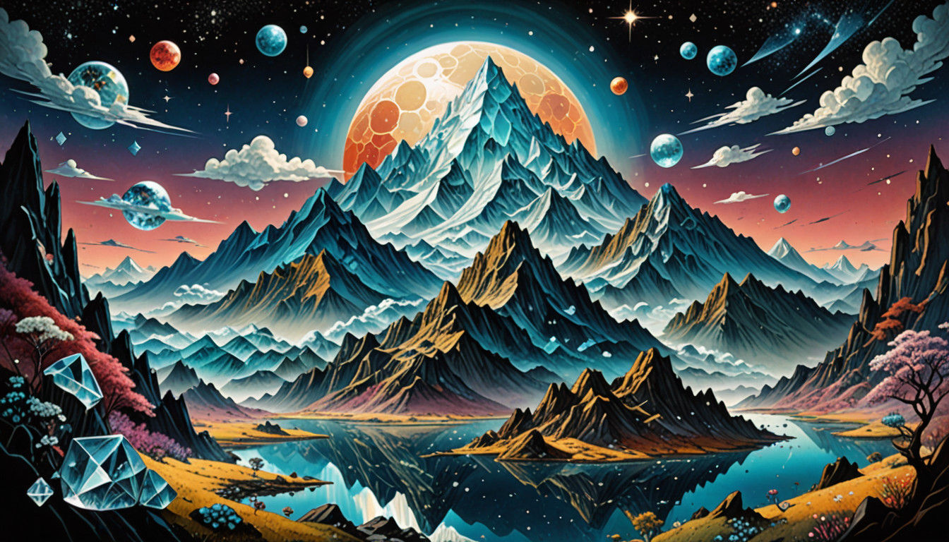 Ethereal Cut Quartz Mountains in a Dreamy Japanese Futurism....