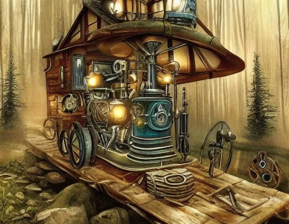 Steampunk Cabin by Lake on Rainy Day