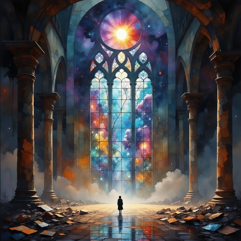 Cosmic Stained Glass Window in Forgotten Cathedral
