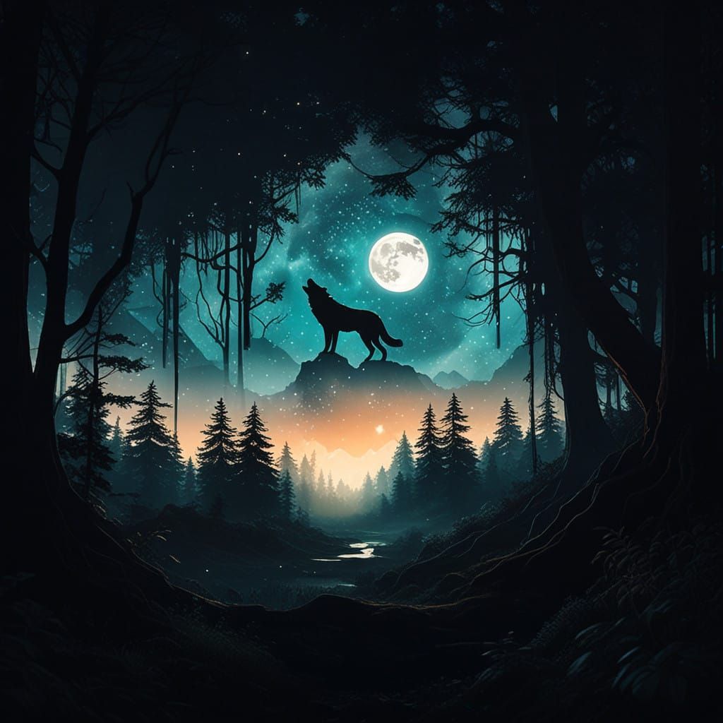 Stunning Wolf Double Exposure Under Starry Moonlit Forest