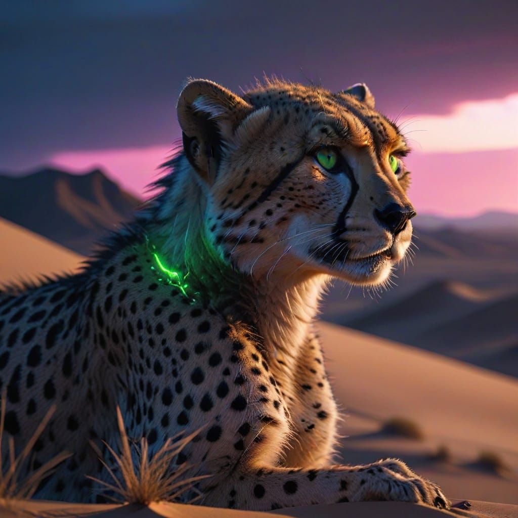 Cyberpunk Cheetah on Namibian Dune at Twilight