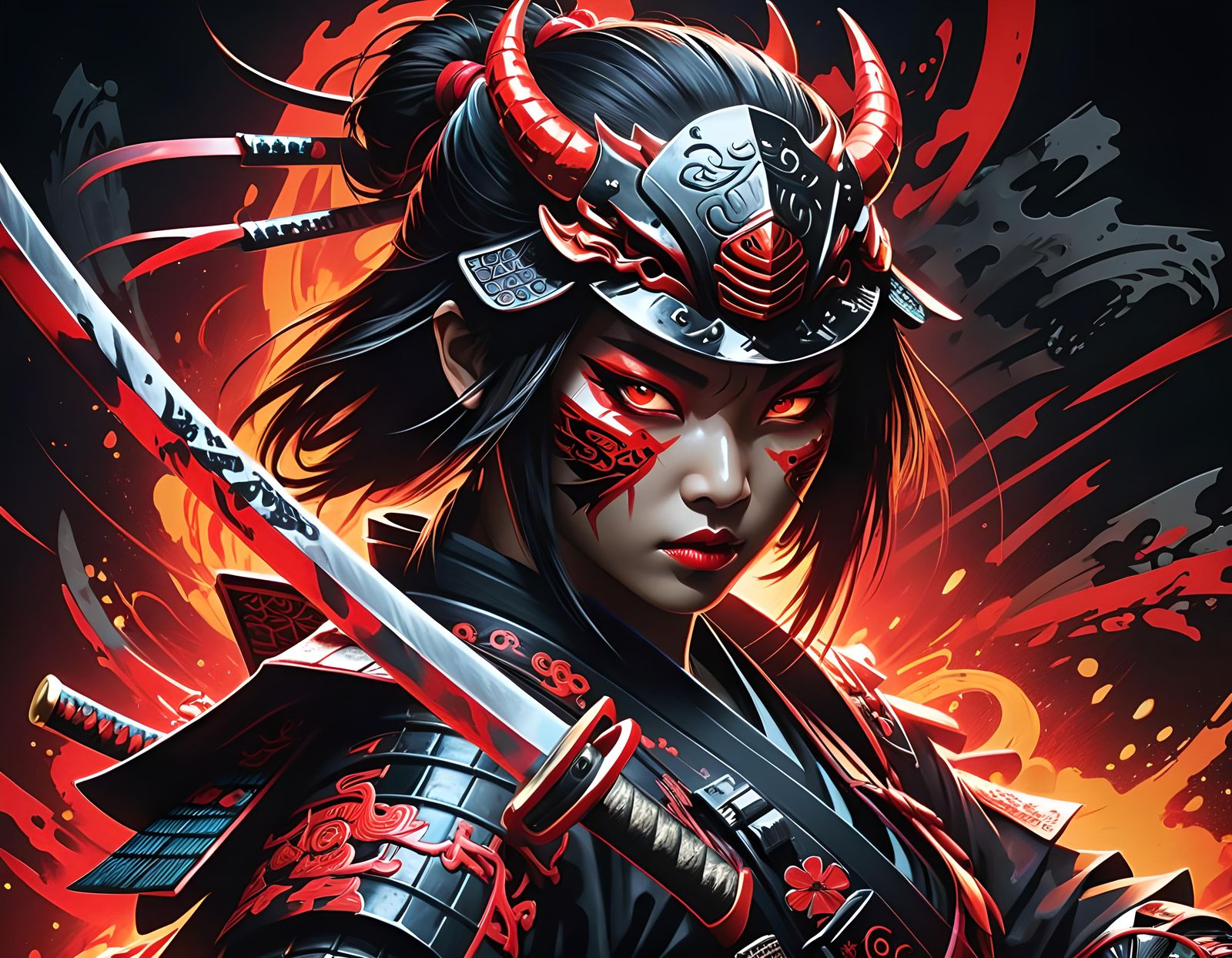 A fierce, demonic female samurai with glowing red eyes and t...