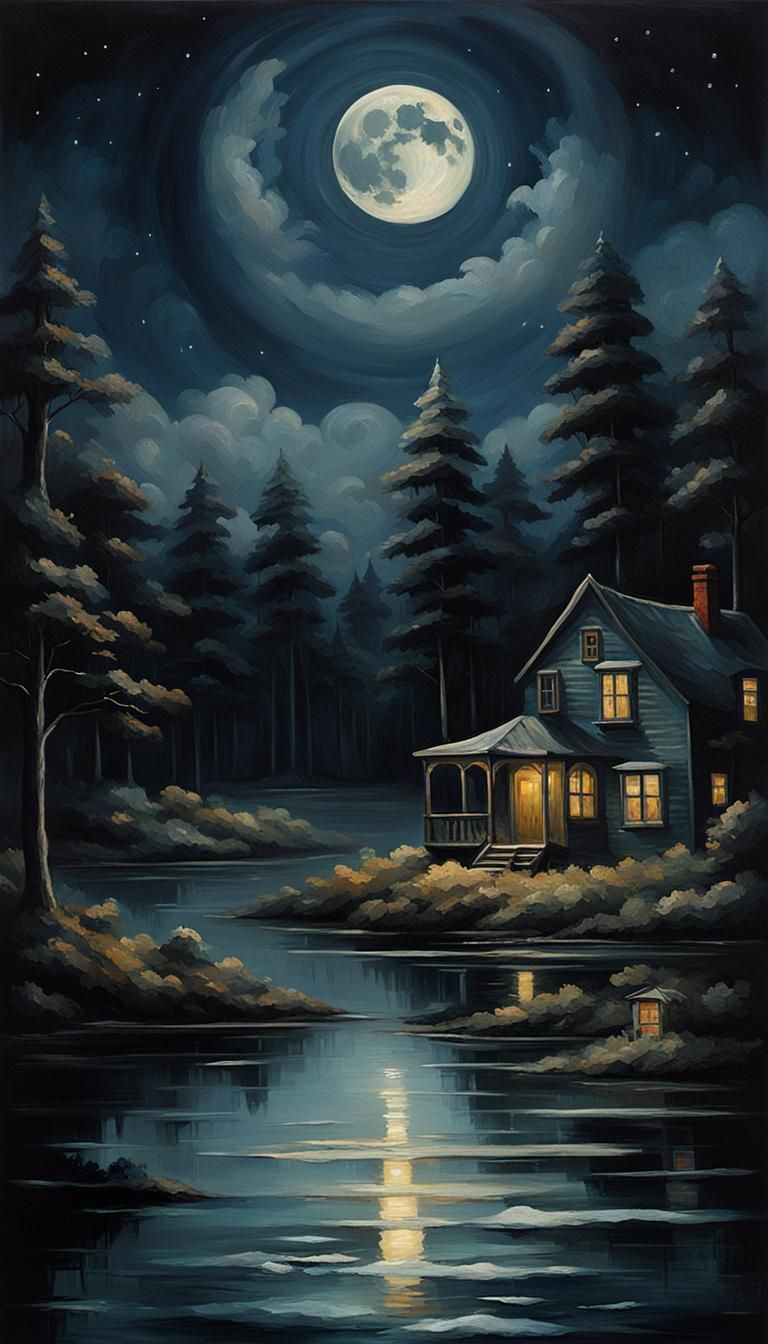 Moody dark academia nocturne oil painting print night sky pa...