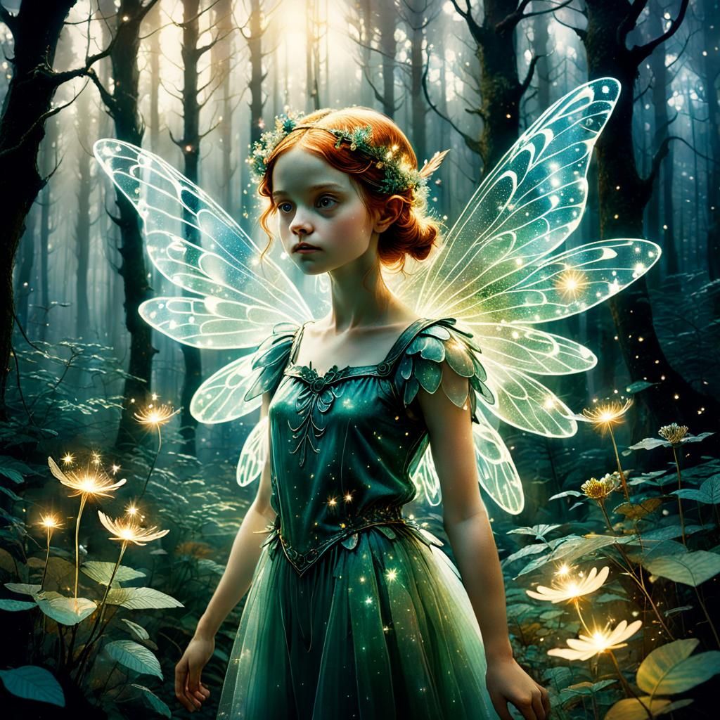 Lost Fairy in Sparkling Surreal Forest