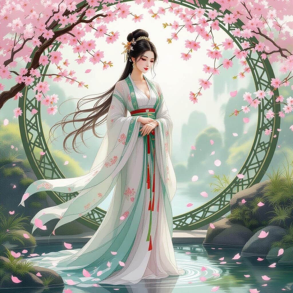 Elegant Chinese Woman in Blossoming Garden, Art Nouveau Styl...